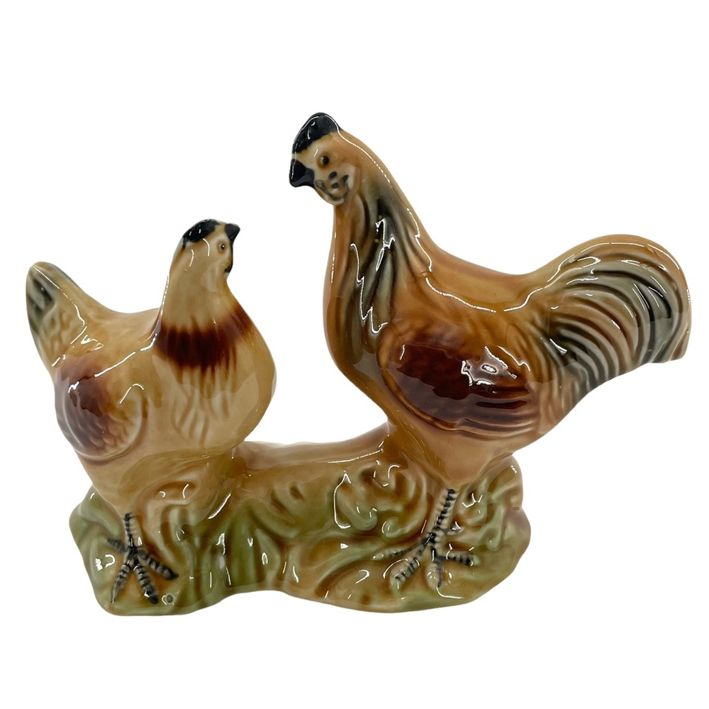 Vintage Rooster & Hen Amber Glaze Ceramic Figurine Made in Brazil #4201 6" High